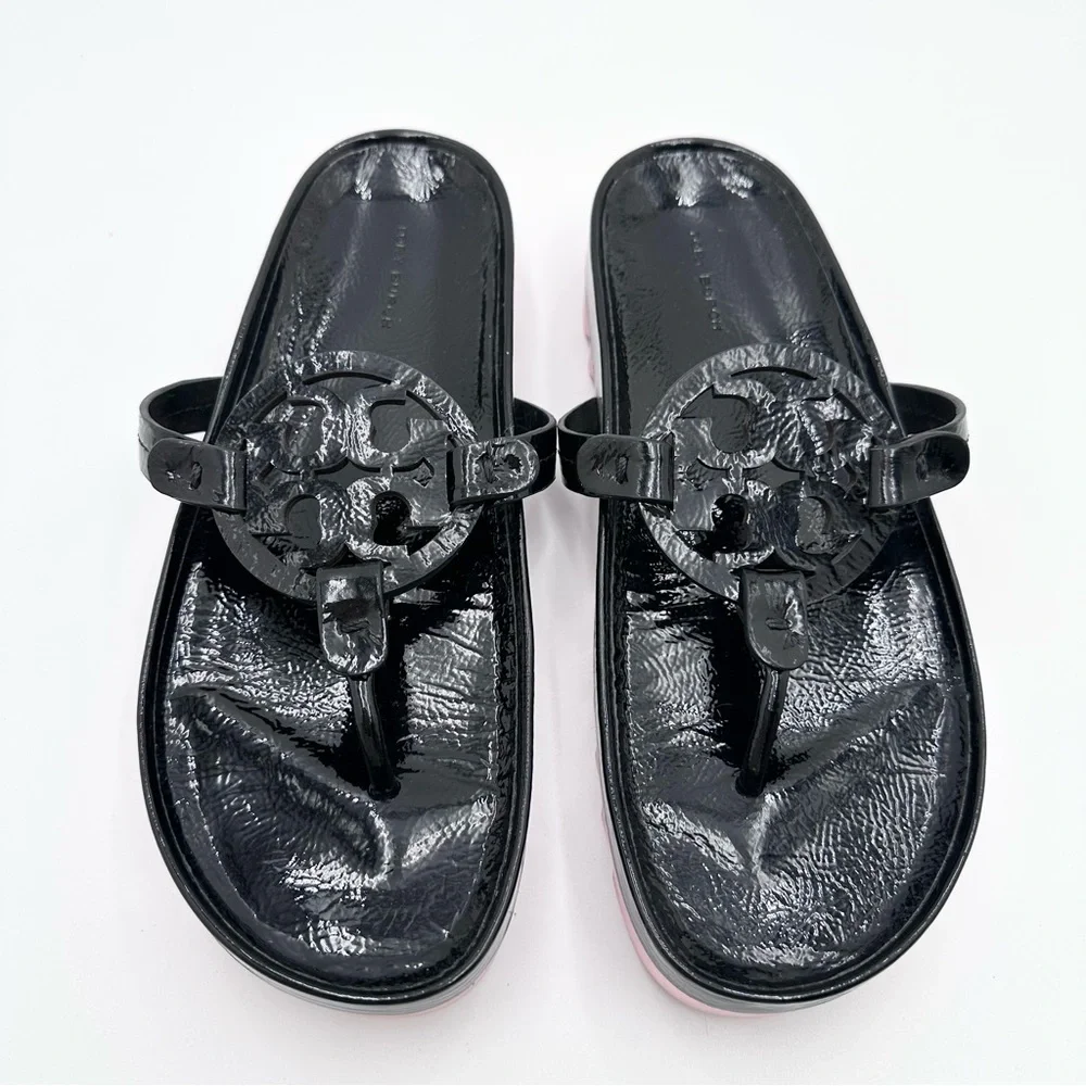 Tory Burch Women's Miller Cloud Lug Sandals Black Patent - Picture 2 of 12